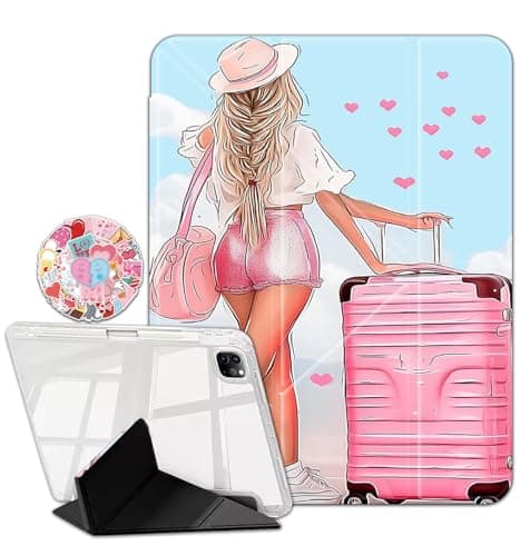 Case for iPad Air 11-inch M3 (2025) / M2 (2024), iPad Air 5th/4th Gen (2022/2020, 10.9"),Clear Back Y-Fold Standing Cover with Pencil Holder Auto Sleep/Wake, Girl and Suitcase