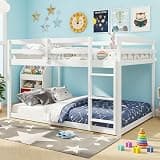 Giantex Full Over Full Bunk Bed, Solid Wood Kids Bunk Bed with Full-Length Guardrails, Integrated Ladder & Anti-Tippling Kits, Low Bunk Beds for Kids, No Box Spring Needed, White