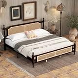 SOFTSEA King Size Rattan Bed Frame with Headboard and Footboard, Vintage Spindle Bed with Storage, Espresso