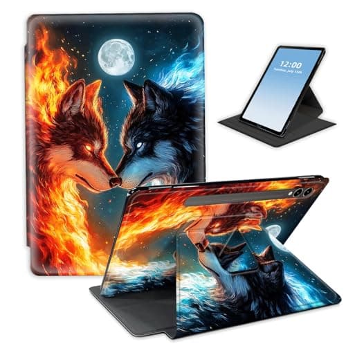 HGGJFLYX Case for Samsung Galaxy Tab S9/S9 FE/S10 Plus Tablet,360 Degree Rotating Multi-Angle Viewing Stand Fold Two Fire Wolves Tablet Cover for Samsung S9/S9 FE/S10 Plus,Auto Sleep/Wake