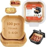 Cosori Air Fryer Liners, 100 PCS Square Disposable Paper Liners, Non-Stick Silicone Oil Coating, Little to No Cleaning, 7.9" Unbleached Food Grade, Resistant to 465°F, Thickened Not Easy to Break