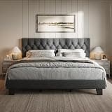 iPormis Upholstered King Size Bed Frame with Button Tufted Headboard, Linen Platform Bed with Thickened Support Legs, Noise-Free/No Box Spring Needed/Easy Assembly, Dark Grey