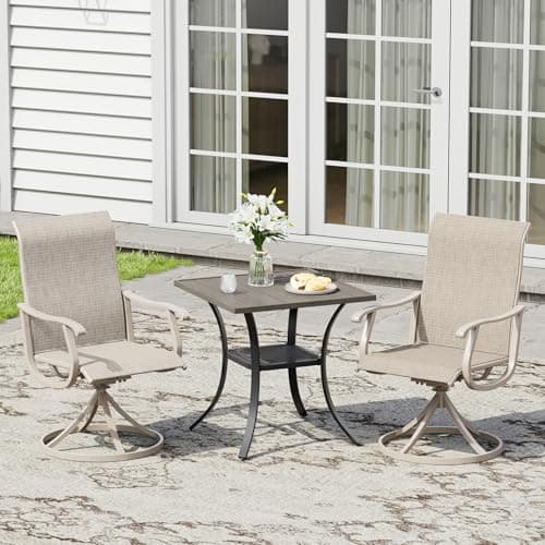 VOXBIN 3 Pieces Patio Furniture Dining Set, 2 Textilene Swivel Dining Chairs, 28" Outdoor Square Metal Table with Storage Shelf, Outdoor Dining Set for Porch, Lawn, Garden, Grey/Sand