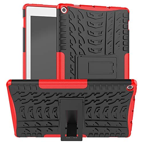 Case Amazon Fire HD 10 (10.1 Inch Tablet, 9th Generation/2019 Release, 7th Generation/2017 Release), PC + Silicone 2-in-1 360 Degree Shockproof Cover/Heavy Duty Tough Armor/Kickstand-Red