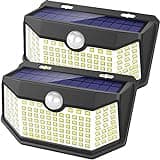 HMCITY Solar Lights Outdoor 120 LED with 3 Lighting Modes, Motion Sensor Wall Lights,IP65 Waterproof Solar Powered for Garden Patio Yard (Back Button 2Packs, Black Shell-Daylight White)