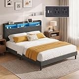 COLAMY Queen Bed Frame with Charging Station & LED Lights, Upholstered Headboard with 2-Tier Storage, Heavy Duty Metal Platform Bed with Wood Slats, No Box Spring, Noise-Free, Easy Assembly, Grey