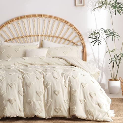 Bildenly Boho Tufted Comforter Set King Size Beige Heart Tufted Textured Bedding Set 3 Pieces Farmhouse Shabby Chic Embroidery Bed Set Soft Jacquard Comforter for All Season with 2 Pillowcases