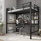 Garvee Twin Size Loft Bed with Large Desk and Storage Shelves, Heavy Duty Metal Loft Bed with Safety Guardrail and Ladder for Kids and Adults, Steel Slats Support, Space Saving, Black and Brown