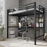 Garvee Twin Size Loft Bed with Large Desk and Storage Shelves, Heavy Duty Metal Loft Bed with Safety Guardrail and Ladder for Kids and Adults, Steel Slats Support, Space Saving, Black and Brown