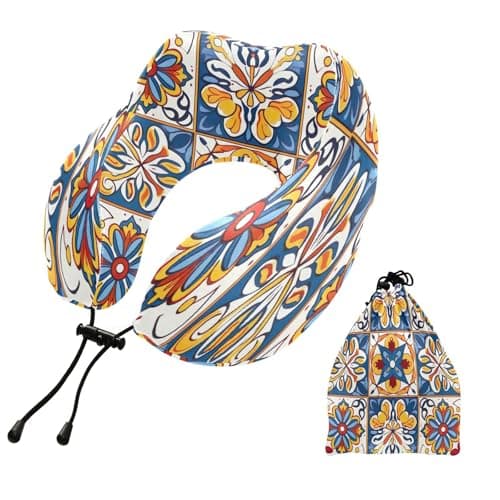 Nesatuwa Mexican Floral Ceramic Tile Travel Pillow Portable Soft Memory Foam Neck Support Airplane Pillow with Adjustable Clasp