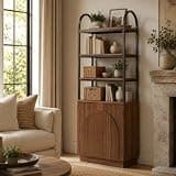 Brafab 71" Arched Bookcase with Fluted Doors, Wood Bookshelf with 4 Open Shelves and 3-Level Adjustable Interior Storage, Metal Frame, Suitable for Living Room, Home Office, Dining Room, Walnut