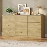 UANRBOA Oak Dresser for Bedroom, 60.2" Wide 9 Drawer Dresser, Mid Century Modern Dressers Chest of Drawers, Wooden Large Dressers for Bedroom, Closet