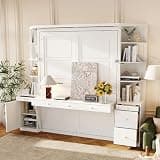 Merax Queen Murphy Bed with Desk and Storage, Hidden Wall Bed with Foldout Workstation, Shelves and Cabinets for Space-Saving Home Office, White