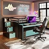 Plyzz Full XL Loft Bed with Pull-Out Desk and Twin Trundle, Multi-Functional Wood Bunk Bedframe with 2 Storage Drawers and Steps for Kids Teens Adults, Space-Saving Gaming Workstation, Black+Blue