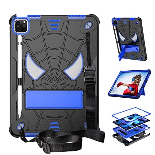 OWSIHNZBF Tablet Children's Case For iPad Air 4 2020 /iPad Air5 10.9/iPad Pro 11 2018/2020/2021,Protective Cover Shockproof and Resistant with Built-in Holder+Shoulder Strap(Black+blue)