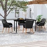 KLGBNCVE 5 Piece Black Patio Dining Set with Cushions, PE Rattan Wicker Chairs and Glass Table, Powder-Coated Steel Frame for Outdoor Garden