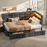 UQGVML Twin Size Daybed with Storage Drawers, LED, Charging Station, Corner Bed Frame for Teens Bedroom Dorm,Grey