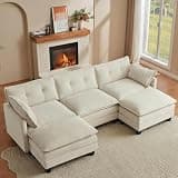 Amsleekey Modular Sectional Sofa, 111.5" U-Shaped Corduroy Comfy Sectional Couches for Living Room, 3-Seater Cloud Couches with 2 Movable Ottomans, Flexible Combination Modern Deep Seat Sofa (Beige)