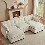 Amsleekey Modular Sectional Sofa, 111.5" U-Shaped Corduroy Comfy Sectional Couches for Living Room, 3-Seater Cloud Couches with 2 Movable Ottomans, Flexible Combination Modern Deep Seat Sofa (Beige)