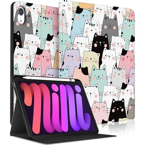 for iPad mini 7 (A17 Pro, 7th Generation) 2024 / iPad mini 6 (6th Gen) 8.3 Inch - Multi-Angle Viewing Adjustable Stand Cover with Pencil Holder, Auto Sleep/Wake (Cute Cats)