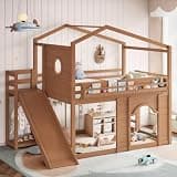 MaiDeHaoo Full Size Wooden House Loft Bed with Slide, Bookshelves & Built-in Wardrobe, Playhouse Loft Bed with Round Window and Arched Door, Natural
