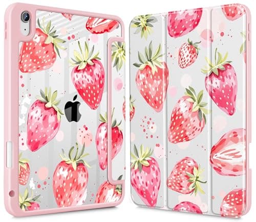 Lepeoac Case for iPad 11 inch A16 2025 Generation 11th / iPad 10.9 inch 2022 10th Gen, Buit in Pencil Holder with Shockproof Cover Clear Transparent Back Shell Auto Wake/Sleep, Strawberries SD209
