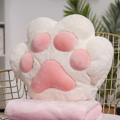 Cat Paw Pillow and Blanket 2-in-1, Ergonomic Nap Pillow with Soft Plush for Neck & Back Support, Hand Warmer Pocket, Portable Travel Pillow & Blanket Set for Office(White,Throw Pillow+Blanket)