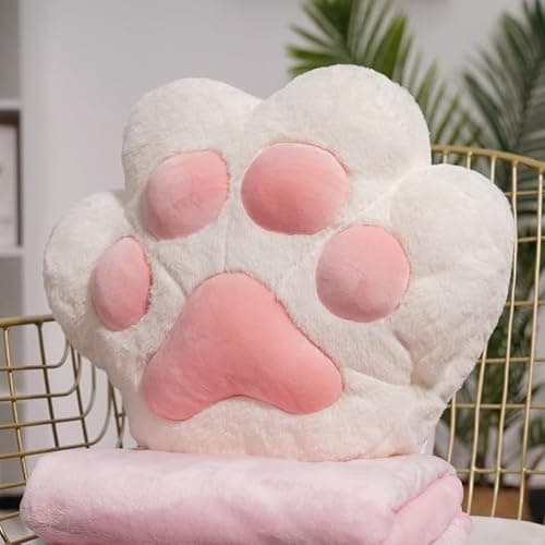 Cat Paw Pillow and Blanket 2-in-1, Ergonomic Nap Pillow with Soft Plush for Neck & Back Support, Hand Warmer Pocket, Portable Travel Pillow & Blanket Set for Office(White,Throw Pillow+Blanket)