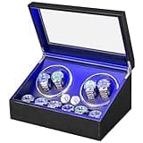 ANWBROAD Watch Winder for Automatic Watches 4 Watch Rotator and 6 Extra Storages with Super Quiet Motor and LED Backlight Turner Carbon Fiber Shaker 5 Rotating Modes UJWW002F