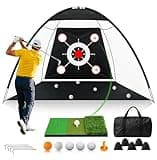 Golf Net 10x7FT All-in-One with Tri-Turf Practice Mat, Ball, Target & Carry Bag, Backyard & Indoor Outdoor Golf Hitting Net for Driving, Chipping, Swing Training, Golf Gift for Men, Dad, Him, Golfer