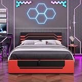 WDYLWFHW Queen Size Bed Frame with Hydraulic Storage, Gaming Bed Frame with Esports Design & Platform Bed, Heavy Duty Metal Frame for Teens (Black+Red, Queen)