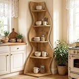 Japovker Light Brown 5-Tier Corner Book Shelf, 70'' Tall Freestanding Display Shelf Wooden Bookcase with Adjustable Shelf, Unique Shape Storage Rack for Wall Corner, Office