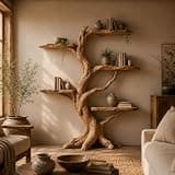 PREAUREUM Tree Bookshelf with Branch Shelves, Wooden Standing Bookcase for Living Room, Entryway, Bedroom & Boho Rustic Home Decor