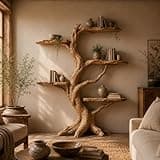 PREAUREUM Tree Bookshelf with Branch Shelves, Wooden Standing Bookcase for Living Room, Entryway, Bedroom & Boho Rustic Home Decor