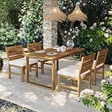 Hassyee Farmhouse 5-Piece Outdoor Dining Set with Adjustable Legs for Dining Room, Poolside, Acacia Wood Patio Furniture Set with Table and Removable Cushions for Backyard, Garden (Beige)
