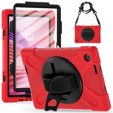 Heavy Duty Shockproof Case Compatible with Lenovo Tab 10.1(TB-311XU) /K10C TB311FU 2025 with Screen Protector, 3-Layer Hybrid Heavy Duty Full-Body Protective Case with Shoulder Strap(Red)