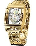FORSINING Men's Luxury Hollow Skeleton Watch Retro Gorgeous Gear Carving Design Rectangle Tonneau Large Dial Leather Belt & Stainless Steel Band Quartz Wristwatch Not Mechanical Watches, Gold