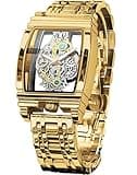 FORSINING Men's Luxury Hollow Skeleton Watch Retro Gorgeous Gear Carving Design Rectangle Tonneau Large Dial Leather Belt & Stainless Steel Band Quartz Wristwatch Not Mechanical Watches, Gold