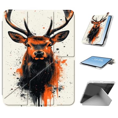 HGGJFLYX for iPad A16 (11th Generation) Case with Pencil Holder, Foldable Y-Shaped Protective Cover, Stylish Clear Auto Sleep/Wake & Multi-Angle Viewing Tablet Case, Orange Elk Splatter Art