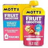 Mott’s Fruit Smoothies Strawberry Banana, 4.2 oz clear pouches, 4 Pack, Non-dairy, Made With Oatmilk, Made With Real Fruit, Good Source of Calcium, On-the-Go