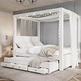 THINK 30 Queen Size Upholstery Canopy Platform Bed with Trundle and Three Storage Drawers,Slat Support Leg, Canopy Roof Bed Frame for Bedroom, No Spring Box Needed (Queen)