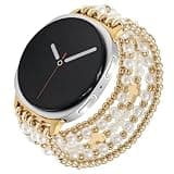 Elastic Beaded Bracelet Compatible with Samsung Galaxy Watch 8 40mm/44mm,Galaxy Watch 8 Classic 46mm,Stretch Pearl Beads Band Women (Cross/Gold, M 5.8-6.3 inch)