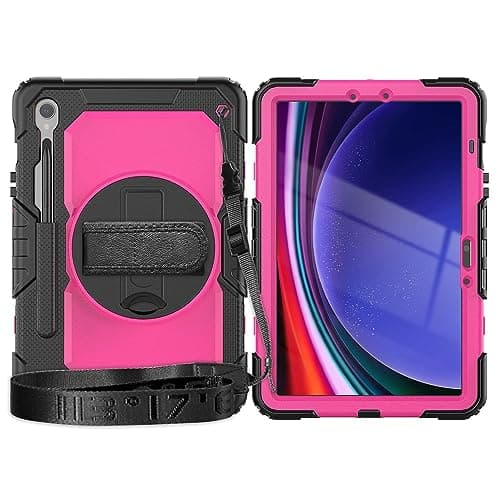 FGIONMRP for Samsung Galaxy Tab S9 11 inch 2023 X710/X716B/X718U Heavy Duty Shockproof TPU Case,Protective Cover W Screen Protector 380 Swivel Kickstand+Hand Strap+Shoulder(Black Rose)