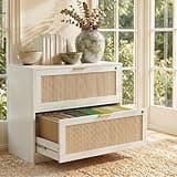 YIGOBUY Lateral File Cabinets for Home Office, 2 Drawer Filing Cabinet with Lock, Wide Rattan Filing Organization Storage Cabinets with Printer Stand for Hanging Files/Letter/Legal/A4/F4 Size, White
