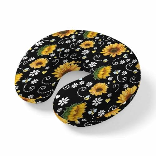 ZFUNCING Travel Pillows U-Shaped Neck Pillow Farm Blossom Sunflower on Black Ergonomic Memory Foam Pillow Head Cushion,Seamless Floral Bees Soft Portable Neck Pillows for Office Airplane Car Train