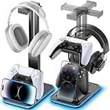 Gaming Headset & Controller Stand, Rotating Headphone Storage with 2 Controllers & Phone Holder, 9 RGB Modes Game Desk Storage for PS5/PS4/XBOX PC Gamer Essentials Organizer Gift Accessories