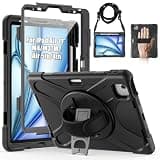 Gerutek Case for iPad Air 11-inch M4/M3/M2 (2026/2025/2024)/Air 5th/4th, Full-Body Shockproof Protective Case with Screen Protector, 360° Rotating Stand, Hand/Shoulder Strap, Pencil Holder, Black