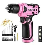 DEKOPRO 8V Cordless Drill, Drill Set with 3/8"Keyless Chuck, 42pcs Acessories, Built-in LED, Type-C Charge Cable, Pink Power Drills for Drilling and Tightening/Loosening Screws