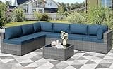Shintenchi 7 Pieces Outdoor Patio Furniture Sets, Patio Sectional Sofa Couch, Gray PE Wicker Furniture Modular Patio Conversation Sets Patio Sofa with Washable Cushions, Aegean Blue