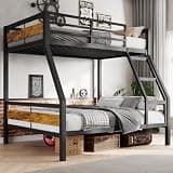 Feonase Metal Bunk Bed Twin Over Full with Ladder and High Guardrail, Heavy-Duty Metal Slats Support, Noise Free, No Box Spring Needed, for Kids and Juniors, Vintage